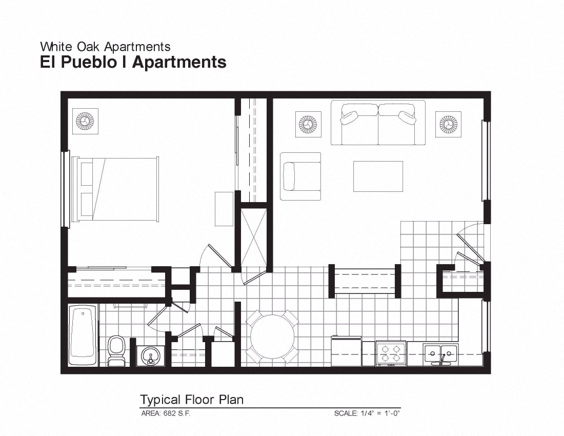 Floor plan for 1 bed, 1 bath, 695 sqft